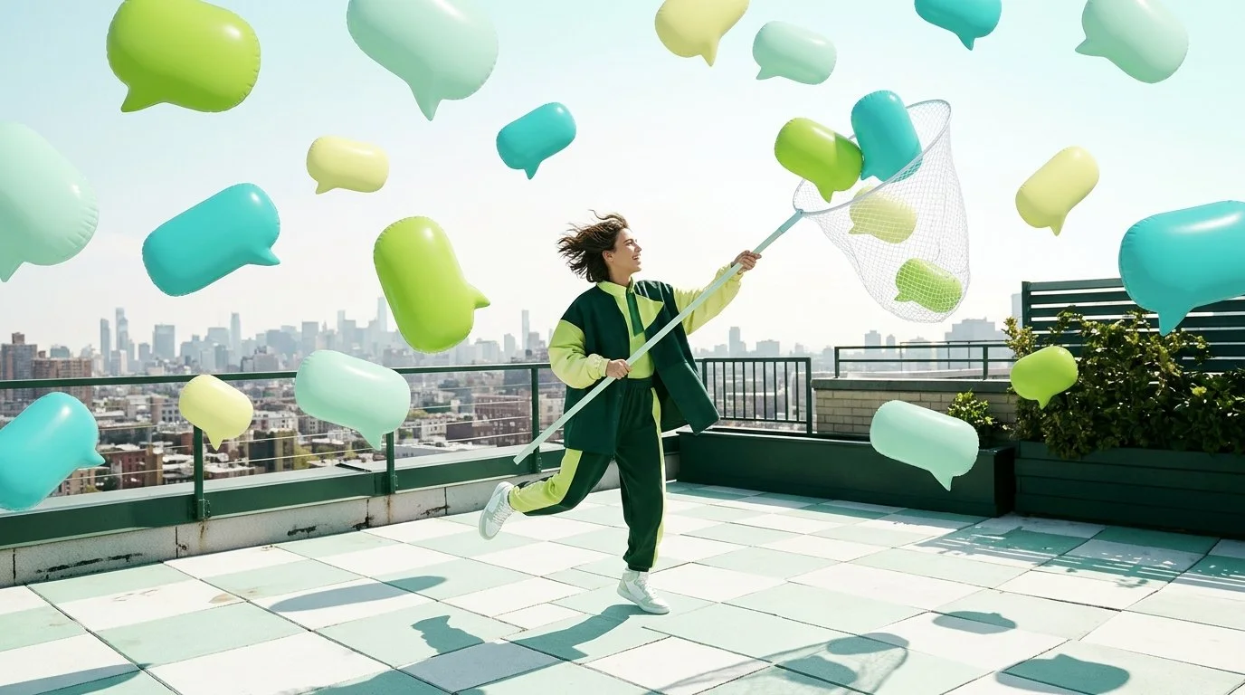 Illustration: a creator on a city rooftop catching floating speech bubbles in a butterfly net, like catching the questions an audience asks